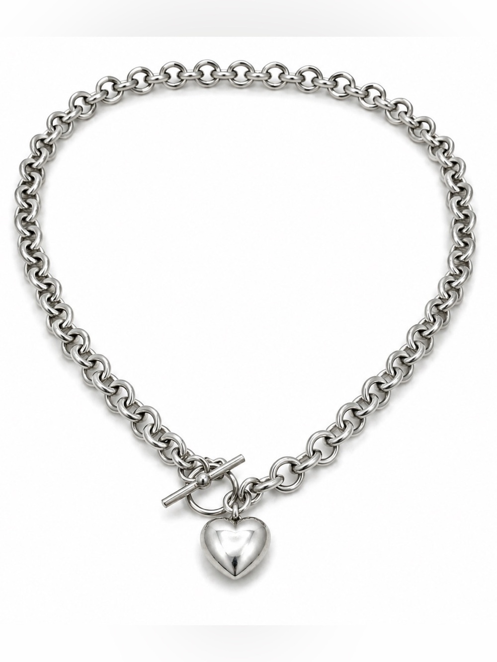 925 Sterling Silver Rolo Chain Necklace Heart Toggle Clasp 20.75” 51.7g